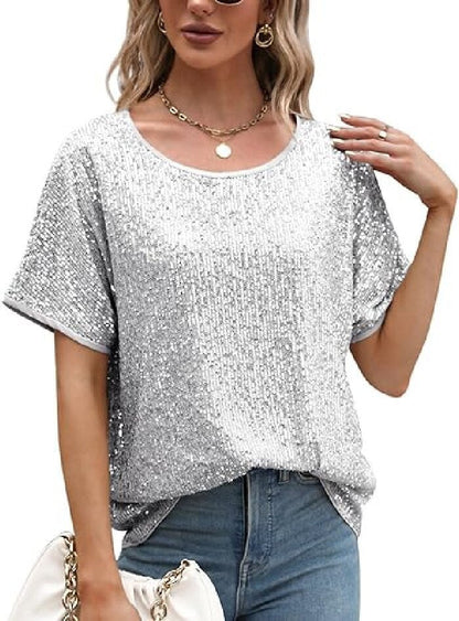 Sequin Deep V-Neck Short Sleeve Top