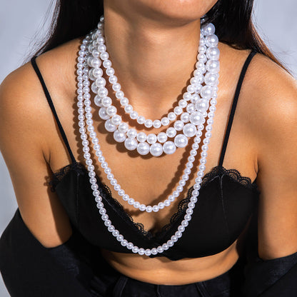 Fashionable Vintage Geometric Bead Necklace With Pearl Layered Design