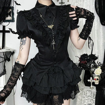 Stripe Satin Shirt with Lace Detailing for Trendy Style