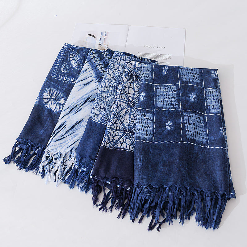 Retro Ethnic Scarf Women'S Spring And Autumn Imitation Blue Dyed Wild Literary Long Summer Sun Protection Holiday Shawl Scarf