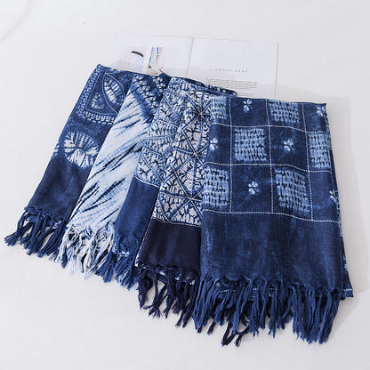 Retro Ethnic Scarf Women'S Spring And Autumn Imitation Blue Dyed Wild Literary Long Summer Sun Protection Holiday Shawl Scarf