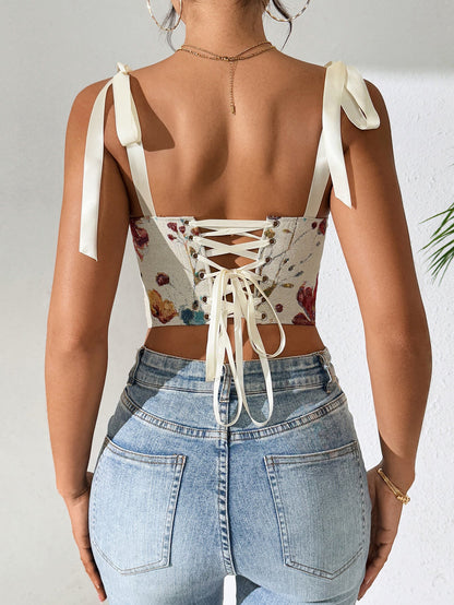 Sexy Floral Print Corset Crop Top With Adjustable Straps