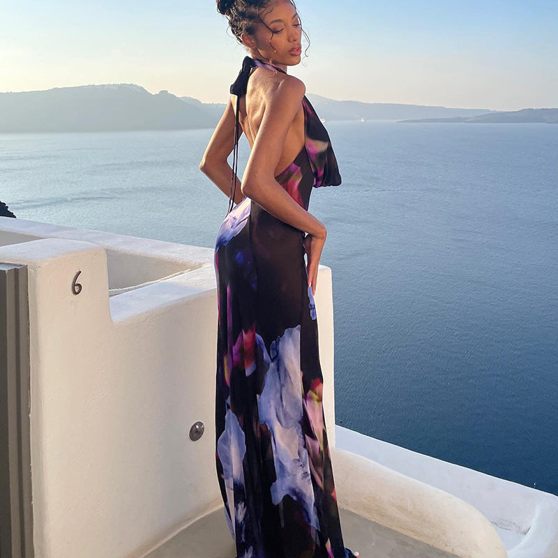 Colorful Digital Print Sleeveless Maxi Dress With Deep Neckline