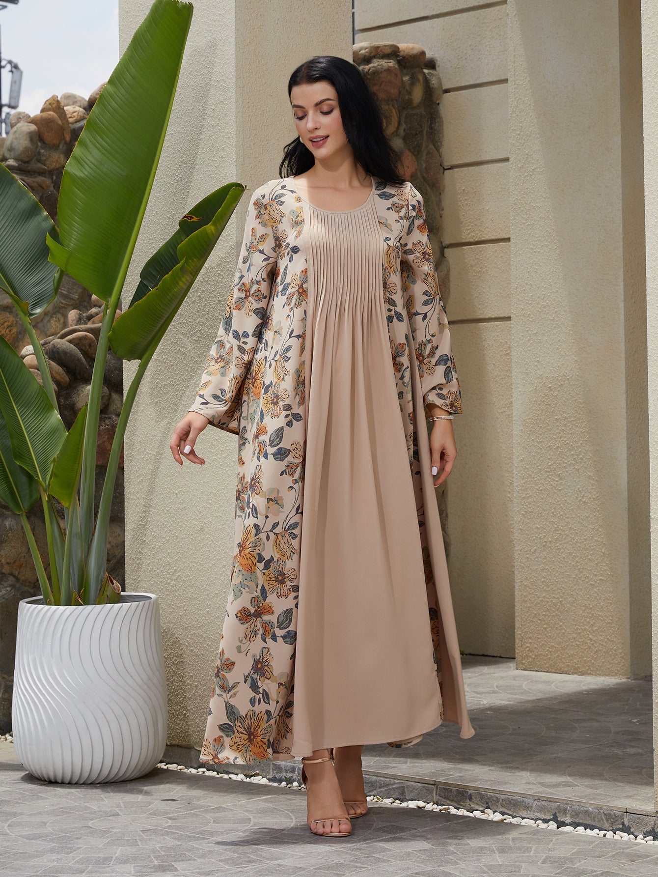 Floral Print Muslim Maxi Dress Comfortable Casual Polyester