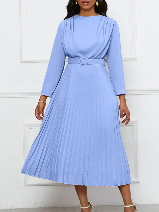 Elegant A-Line Midi Dress With Belt - Office Casualwear
