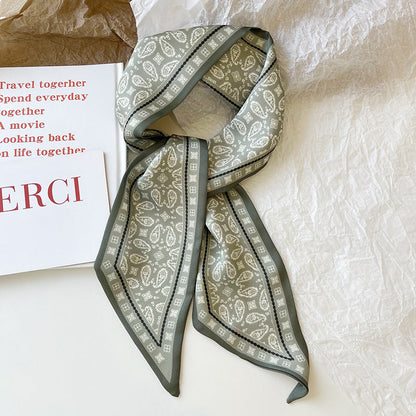 Print Narrow Long Satin Silk-Feel Scarf