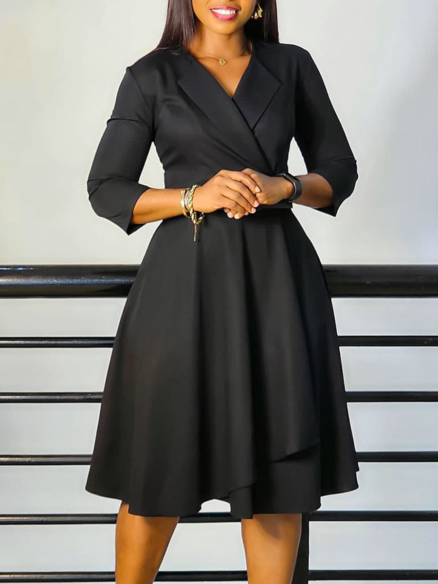 Elegant V-Neck Solid Color A-Line Dress With Belt