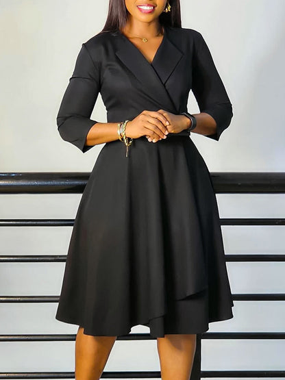 Elegant V-Neck Solid Color A-Line Dress With Belt