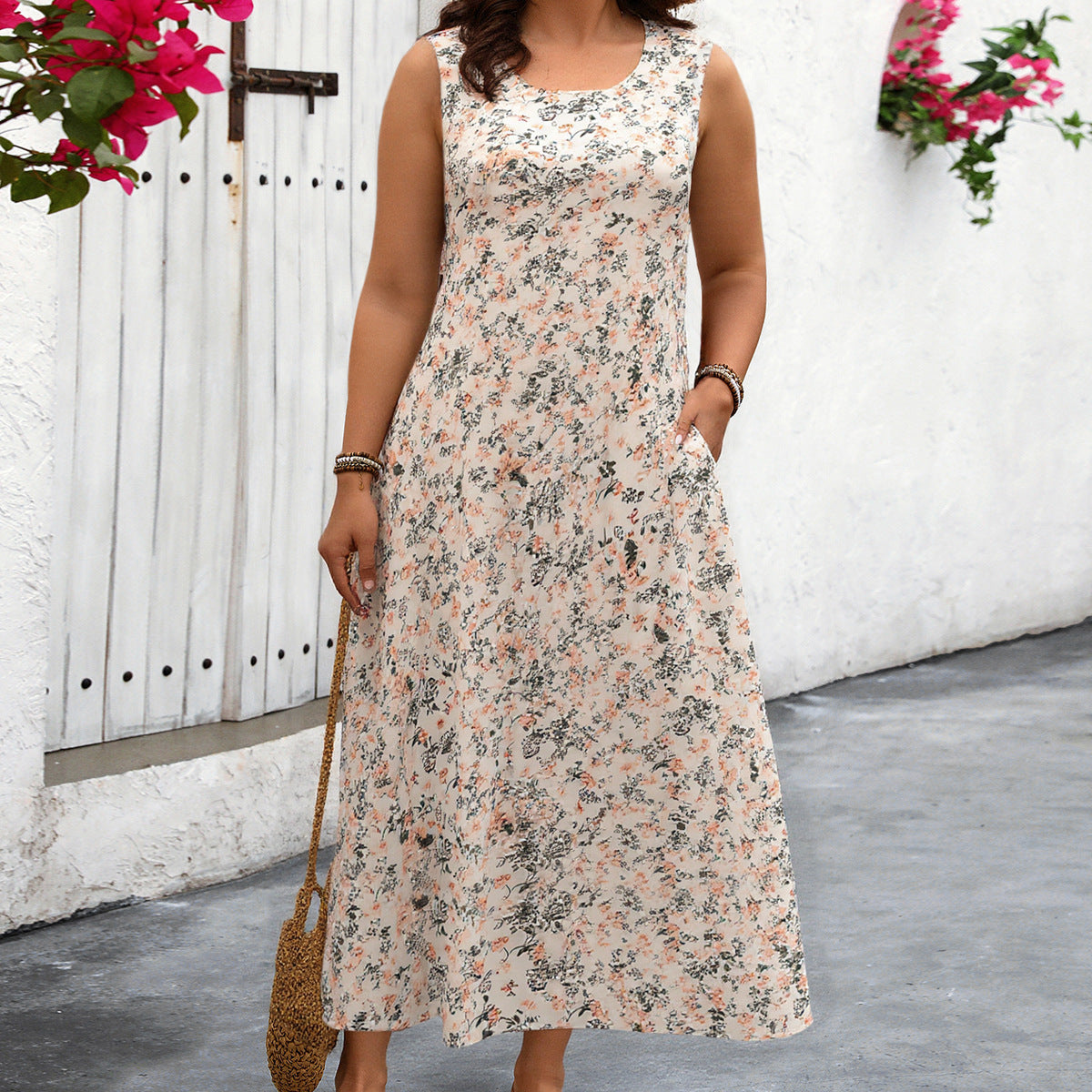 Floral Print A-Line Maxi Dress with Pockets