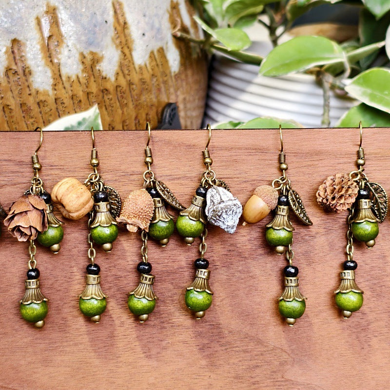 Bohemian Floral-Inspired Alloy Earrings with Unique Wood Bead Design