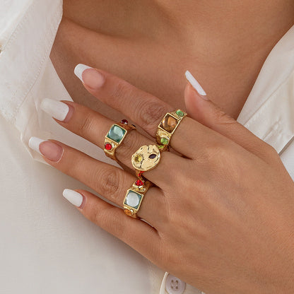 Geometric Gemstone Ring Set With Liquid Metal Finish For Women