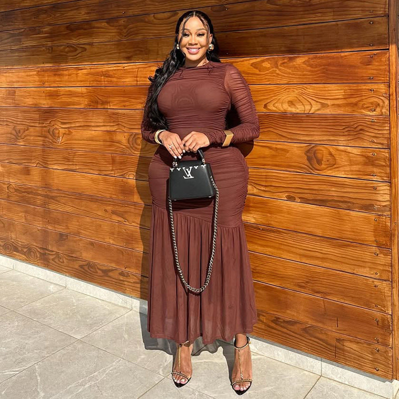 Elegant High Neck Long Sleeve Midi Dress