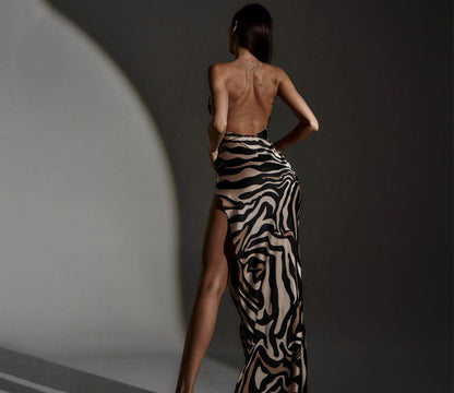 Summer New Fashion Print Slim Fit Split Open Back Bra Strap Dress