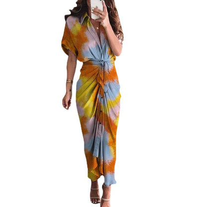 Trendy V-Neck Printed Maxi Dress Elegant Commuter Style