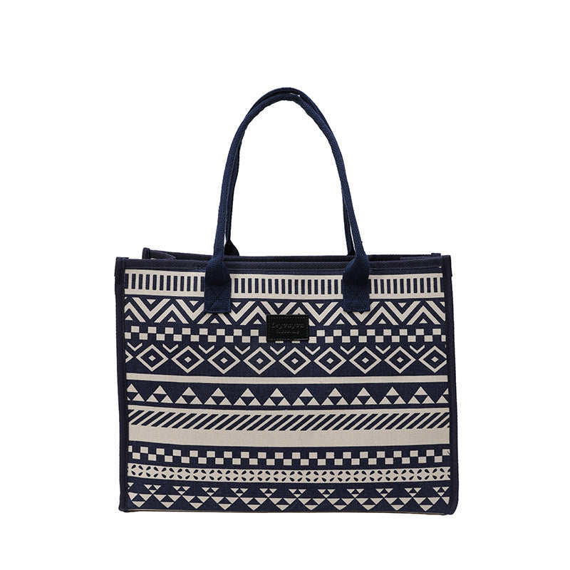 Geometric Canvas Tote Bag Durable Zipper Shoulder Bag
