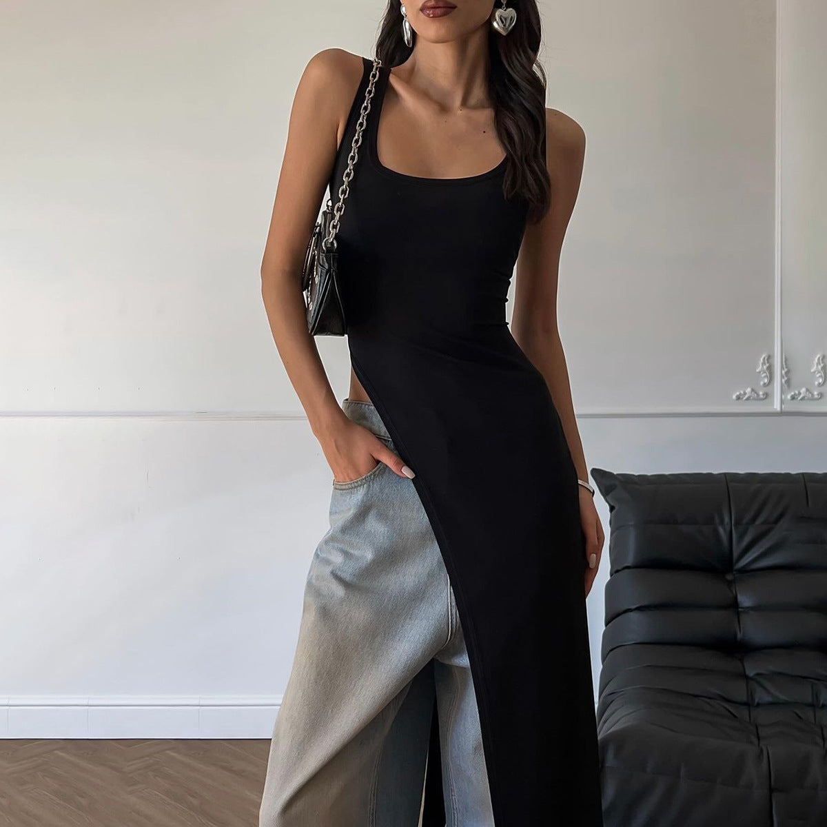 Trendy Sleeveless Midi Dress With Side Slit