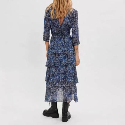 French Print Cake Skirt Temperament Flowing Halter Layered Dress