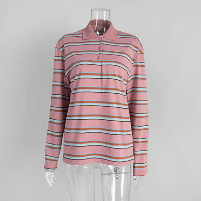 Striped Polo T-Shirt for Women Casual Loose Fit Cotton