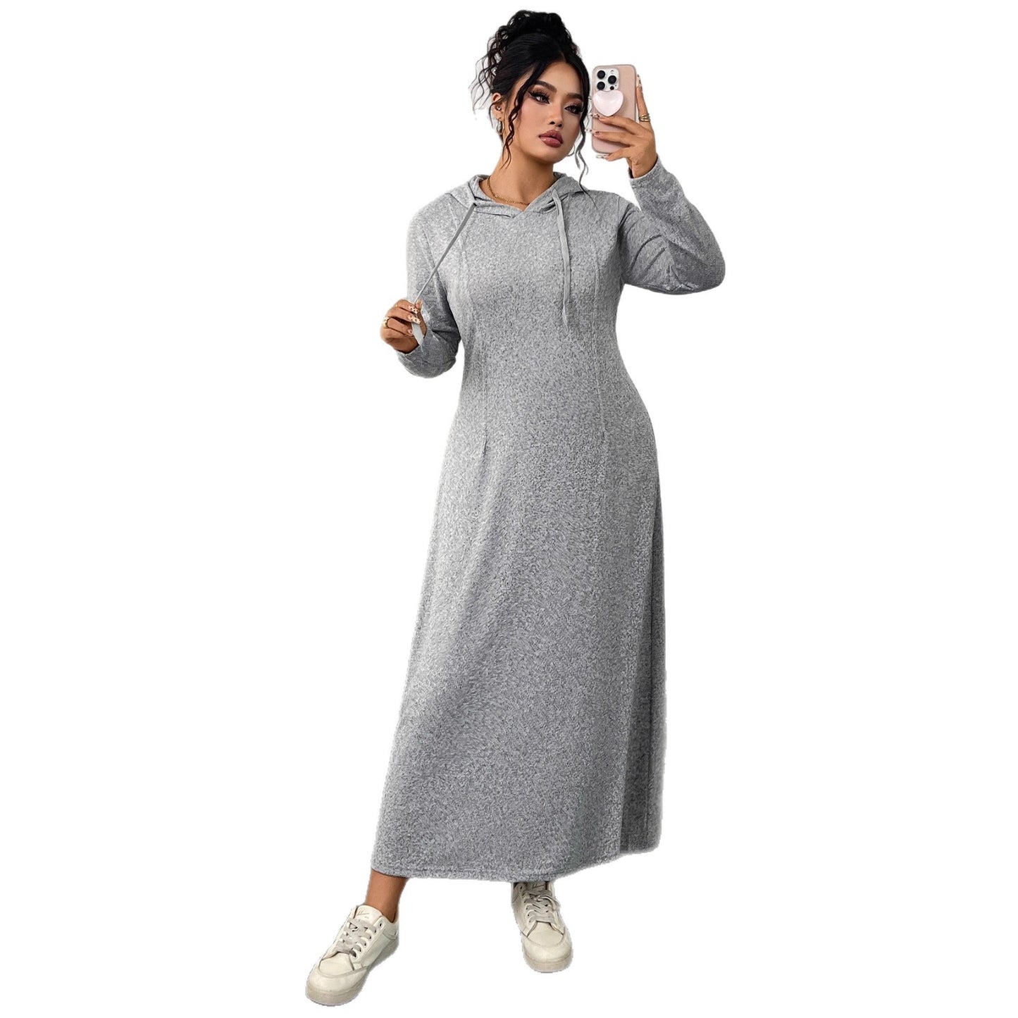 Hooded Gray Dress Elegant Long Sleeve A-Line Dress