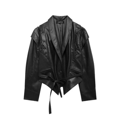 Cool Lapel Drawstring Belt Leather Jacket
