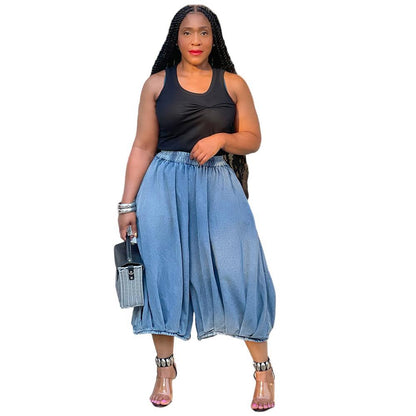 Casual Wide-Leg Denim Cropped Pants With Elastic Waist