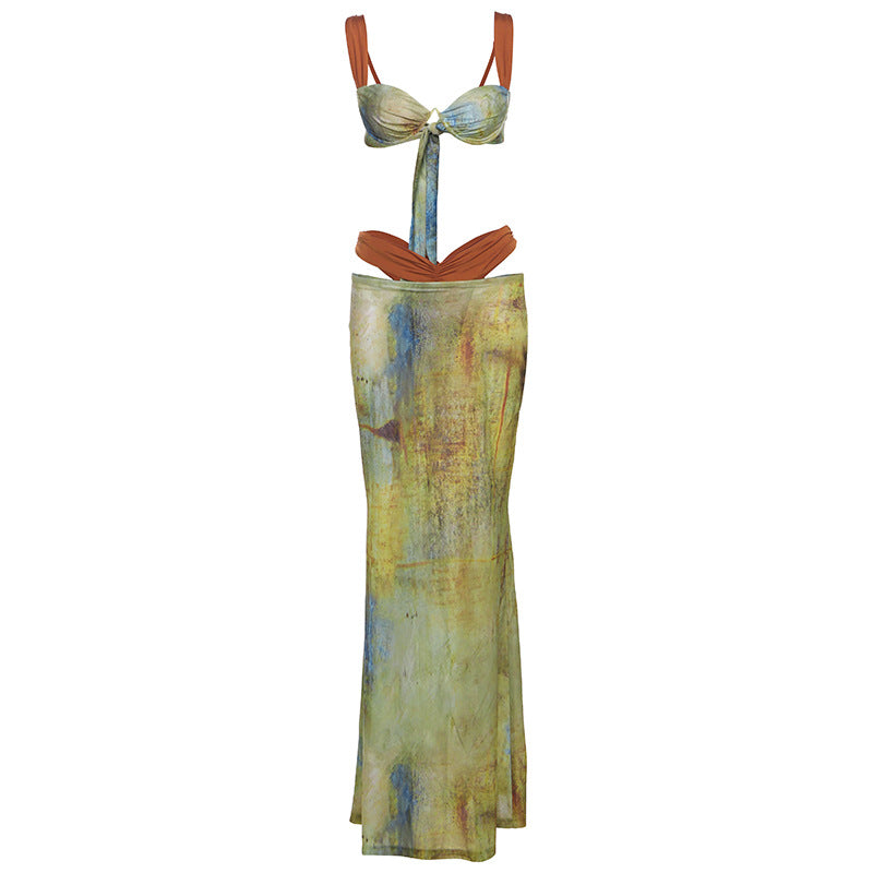 Color Block Printed Tie-Front Top And High Waist Skirt Set
