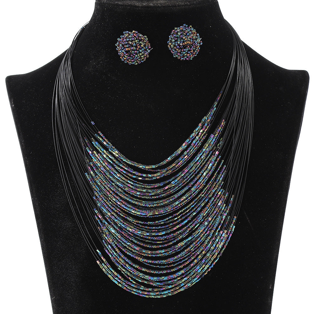 Bohemian Multi-Layer Beaded Necklace and Earring Set for Women