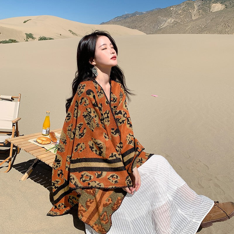 Ethnic Style Cape Coat Shawl Lhasa Scarf Female Leopard Pattern Autumn And Winter Grassland Scarf