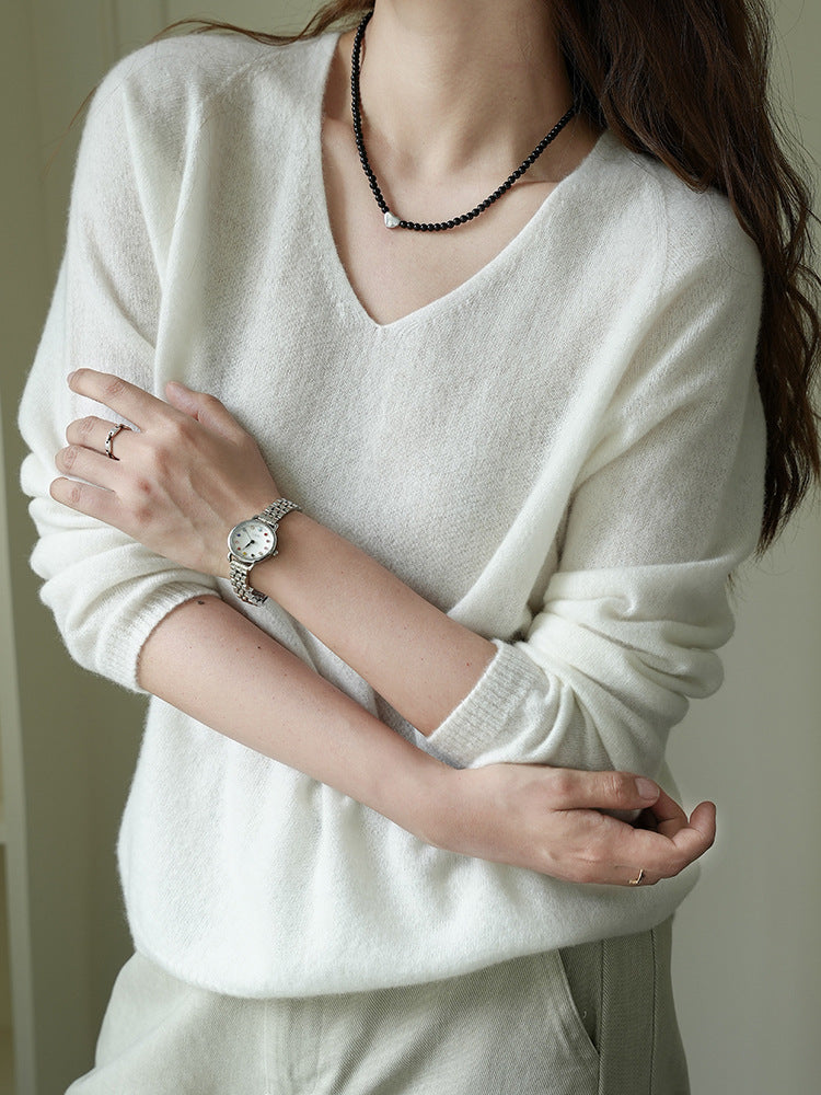 V-Neck Cashmere Blend Long Sleeve T-Shirt Elegant Casual Top