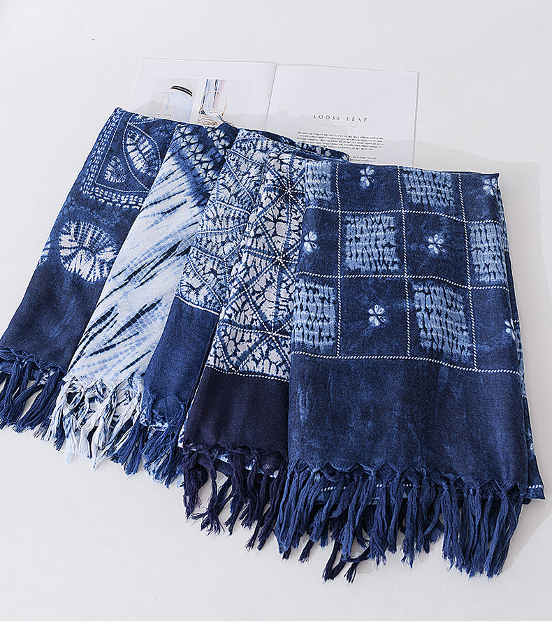 Retro Ethnic Scarf Women'S Spring And Autumn Imitation Blue Dyed Wild Literary Long Summer Sun Protection Holiday Shawl Scarf