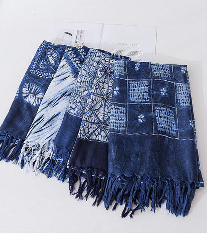 Retro Ethnic Scarf Women'S Spring And Autumn Imitation Blue Dyed Wild Literary Long Summer Sun Protection Holiday Shawl Scarf