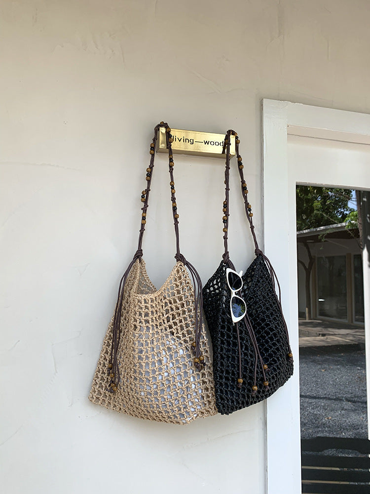 Woven Tote Bag with Beads Large Capacity Shoulder Bag for Everyday Use