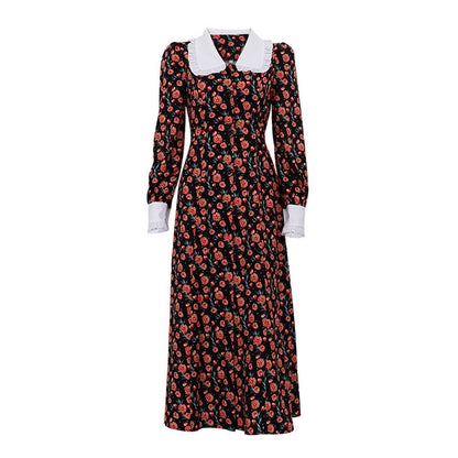 Elegant Floral Long Sleeve Dress with Peter Pan Collar