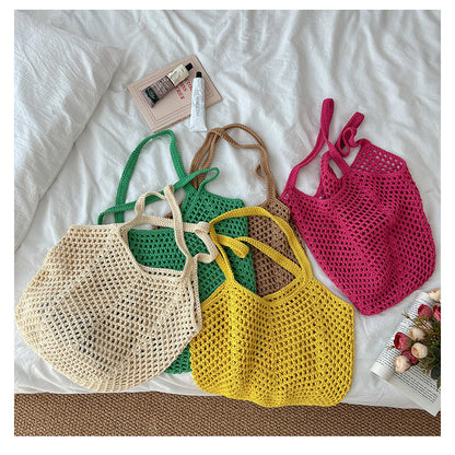 Solid Color Hollow Out Simple Beach Shoulder Bag