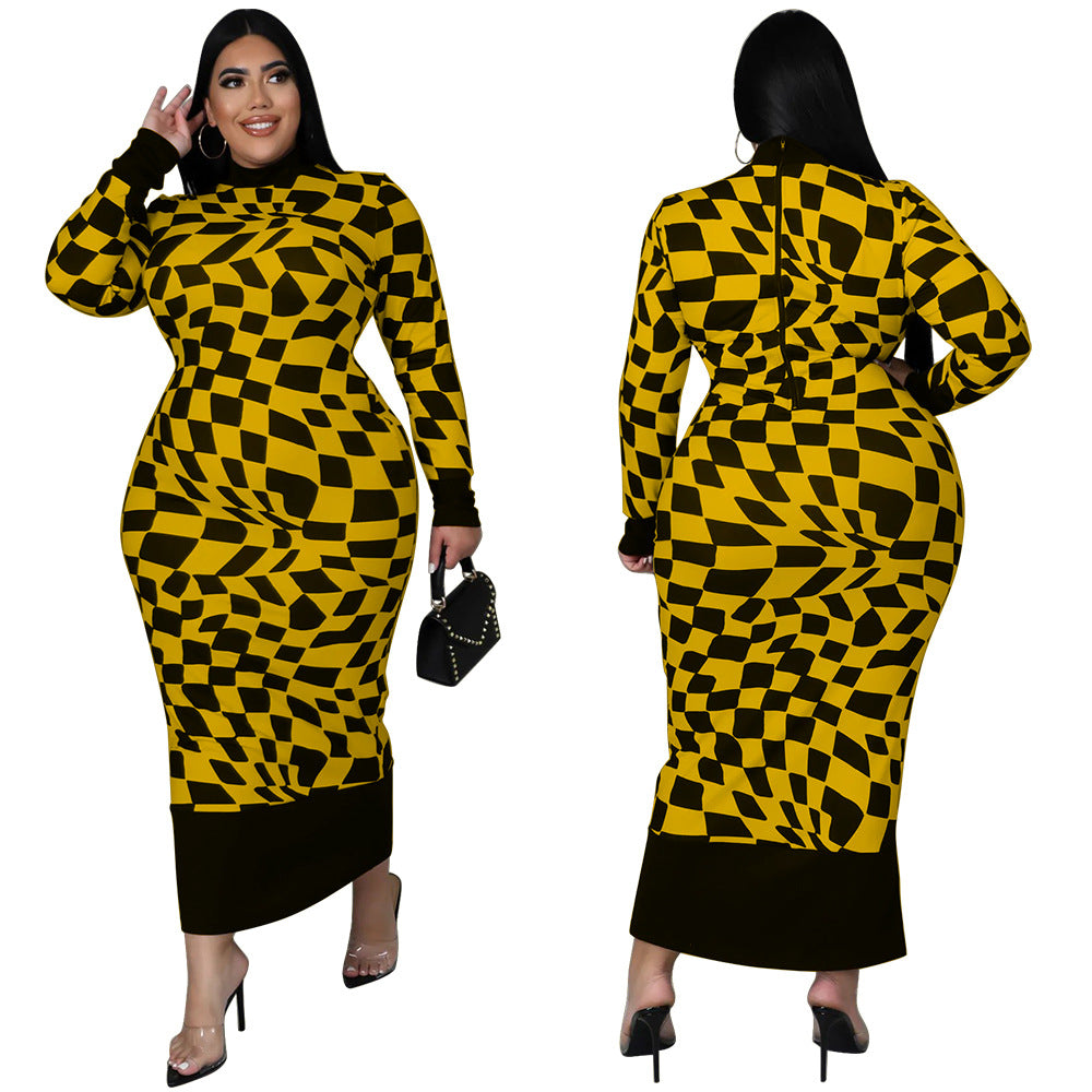 Checkered Print Long Sleeve Dress Elegant Style