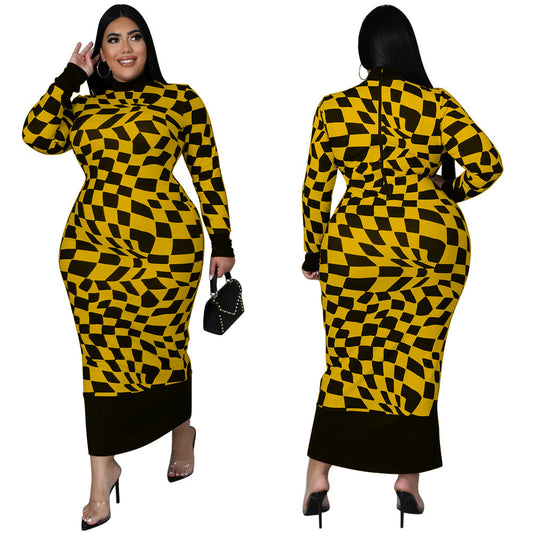 Checkered Print Long Sleeve Dress Elegant Style