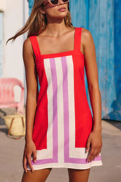 Color Block Square Neck Mini Sleeveless Dress for Women