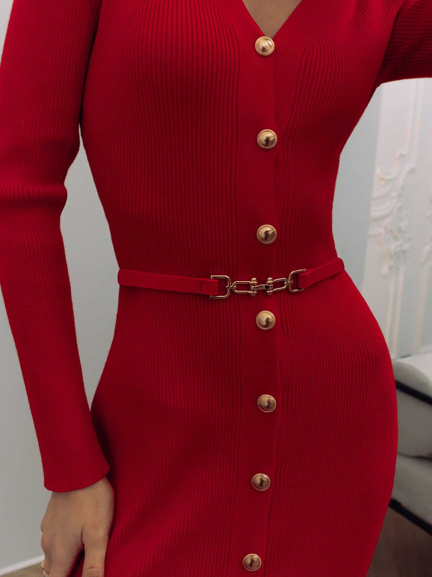 Fall Long Sleeve V-Neck Button Knit Dress