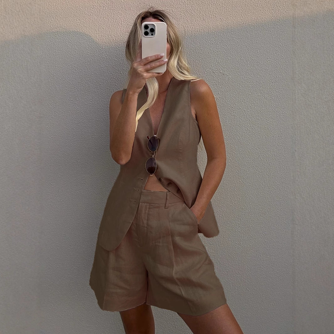 Solid Color Casual Vest and Shorts Sets