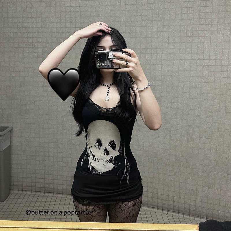 Skull Print Halter Mini Dress Dark Style