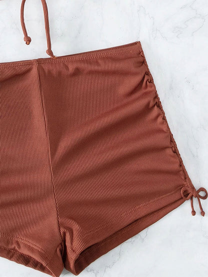2PCS Solid Color Halter Drawstring Swimwear