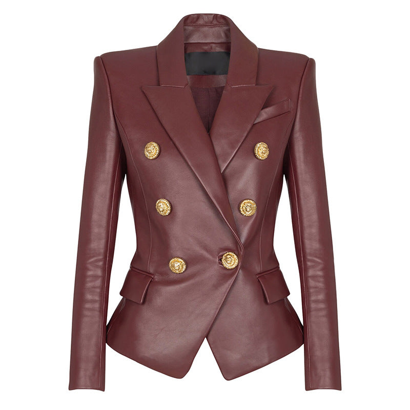 Burgundy Pu Leather Blazer Elegant Chic Jacket