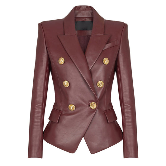 Burgundy Pu Leather Blazer Elegant Chic Jacket