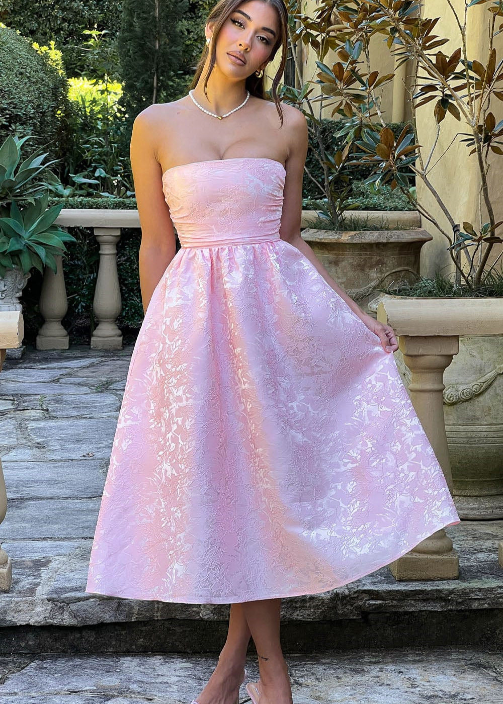 Strapless Jacquard Midi Dress with Corset Back