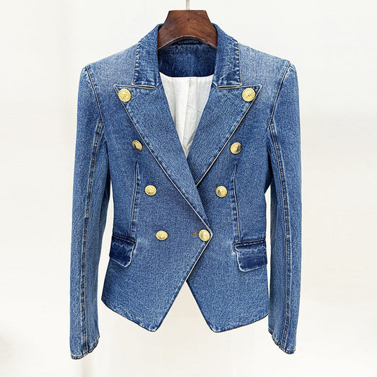 Slim Fit Double-Breasted Denim Blazer