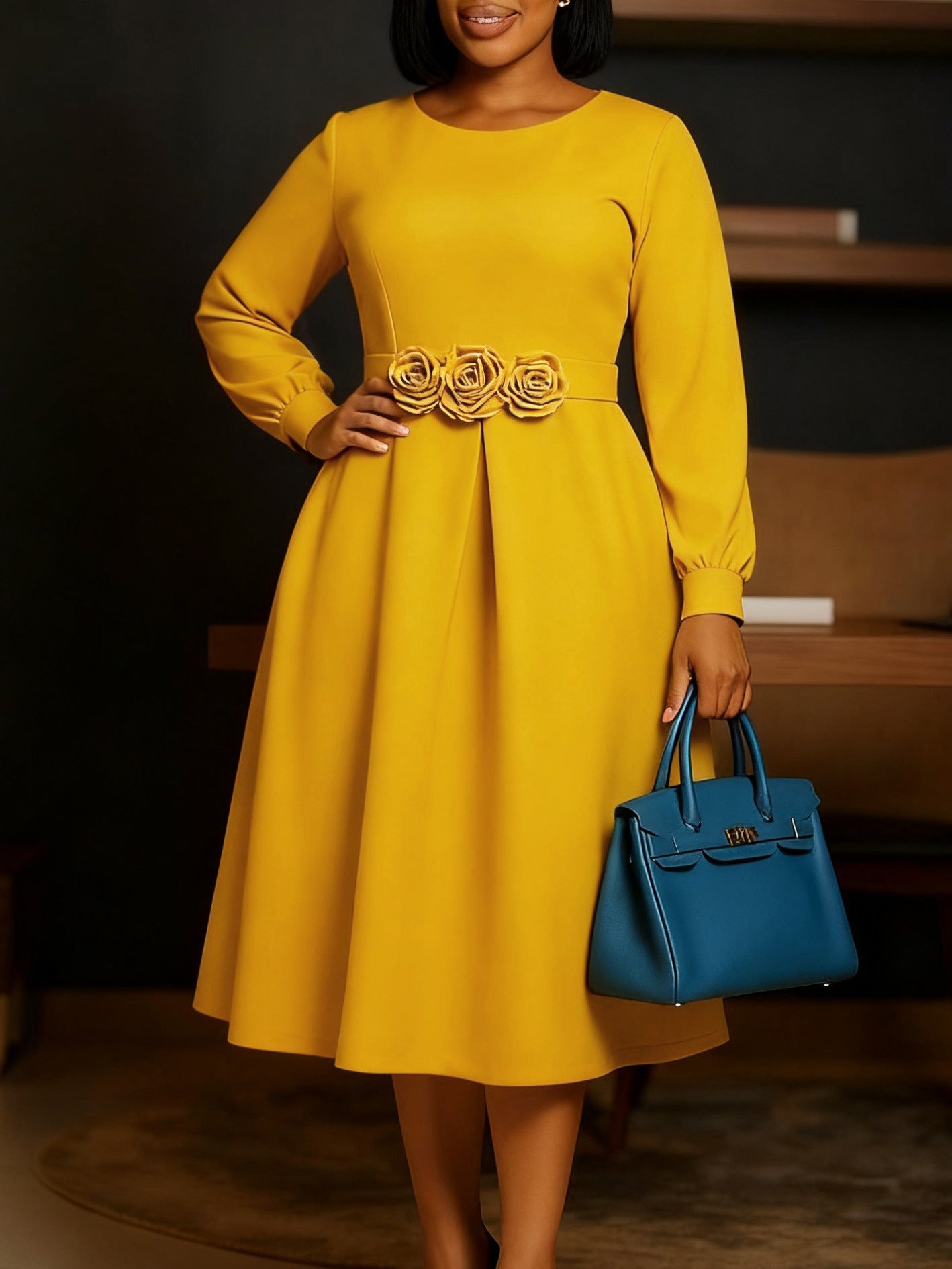 African Floral A-Line Dress Elegant Casual Long Sleeve