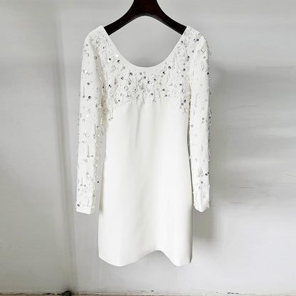 Elegant Long Sleeve U-Neck Dress With Beaded Details