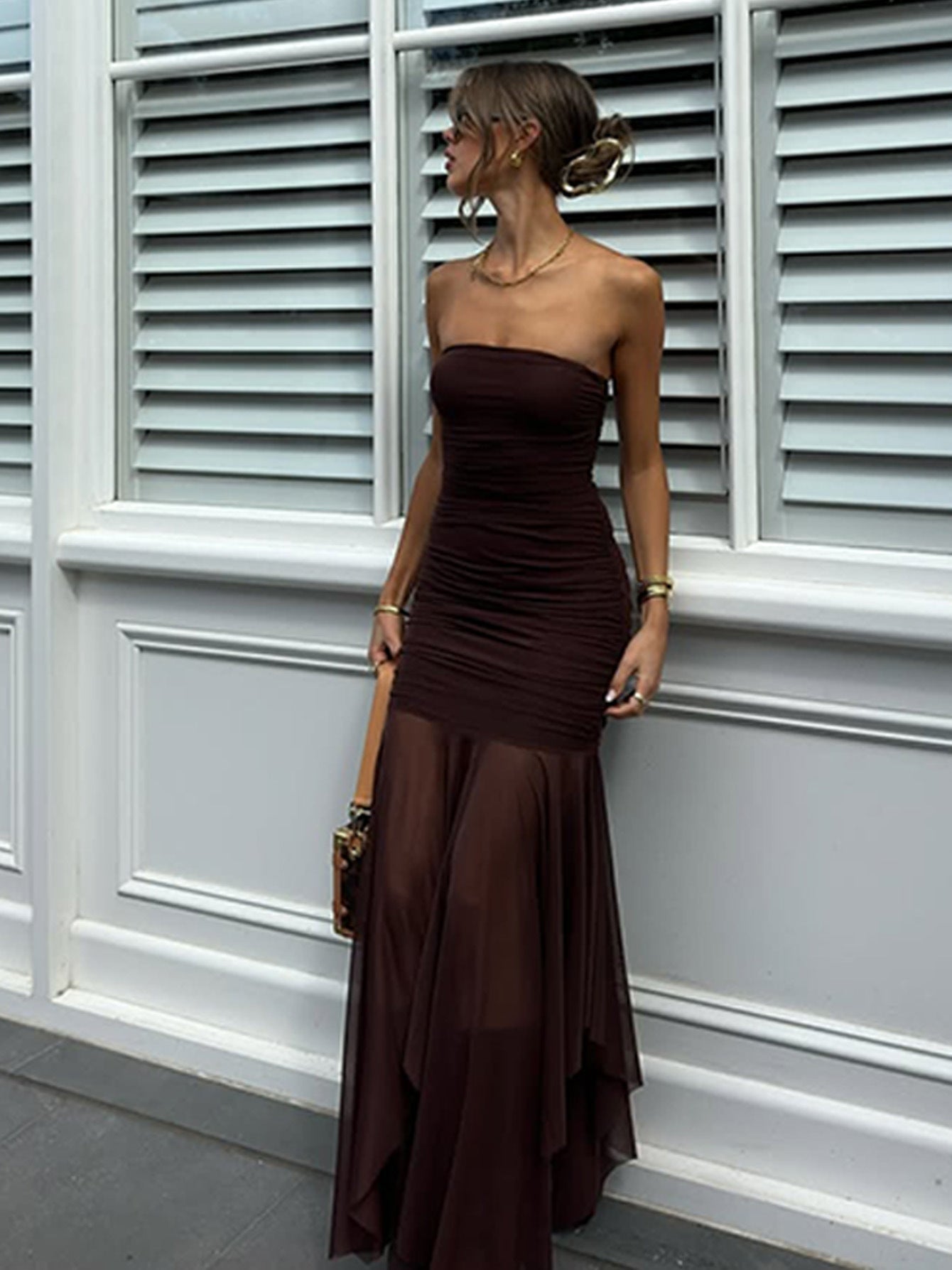 Elegant Strapless Maxi Dress With Ruched Details