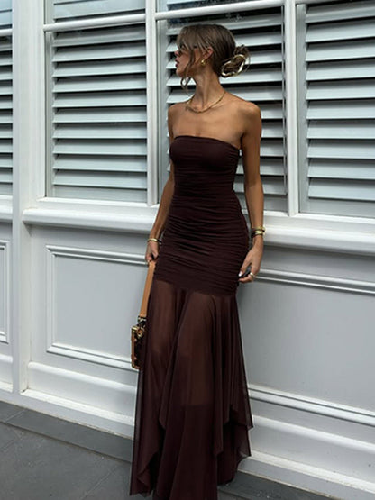Elegant Strapless Maxi Dress With Ruched Details