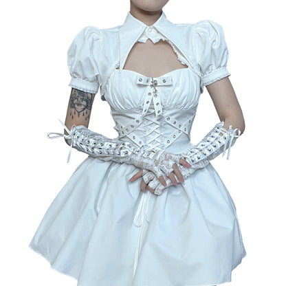 Summer New V-Neck Puff Sleeve Polo Top And A-Line Dress Set